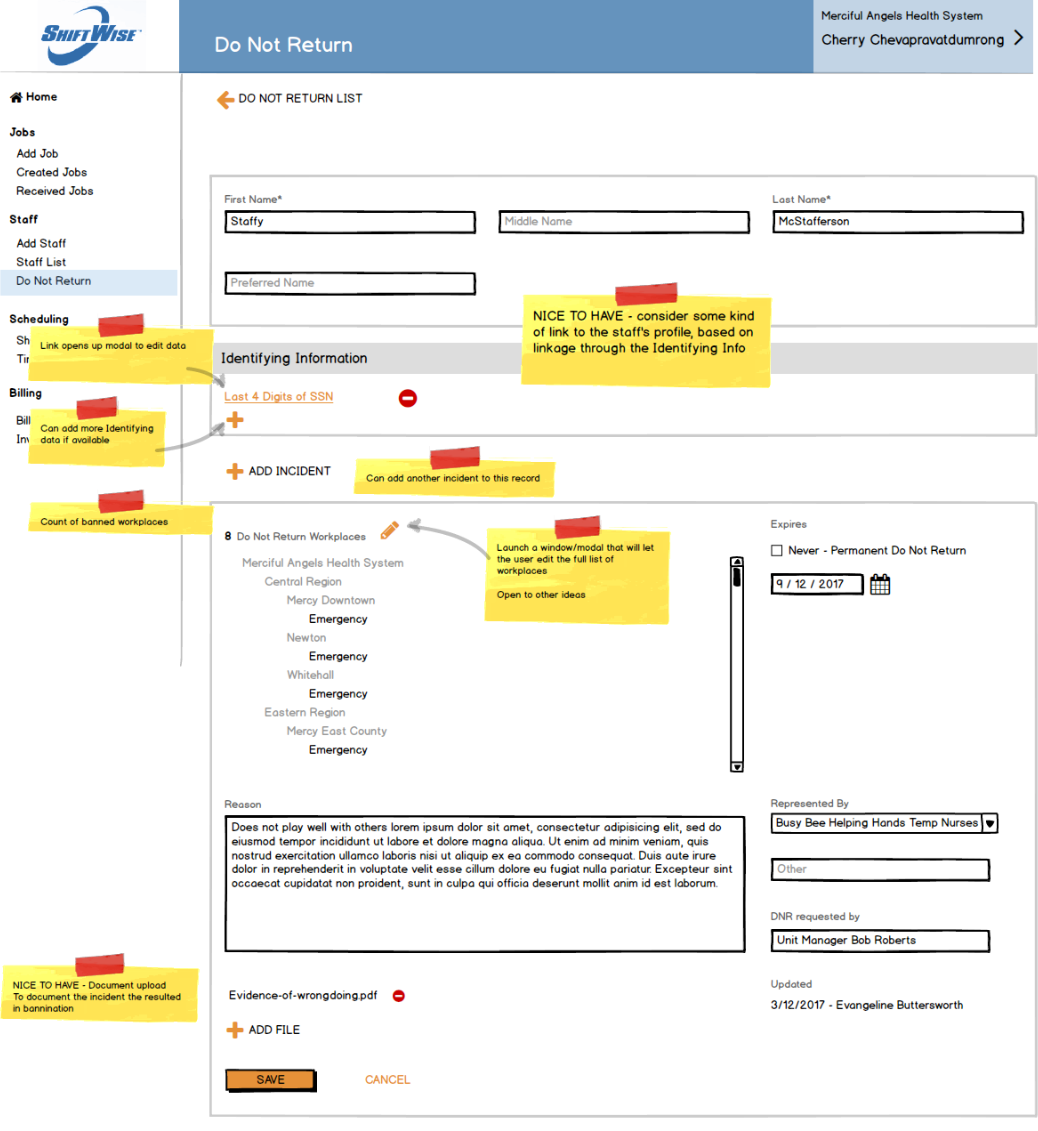 wireframe of Do Not Return entry