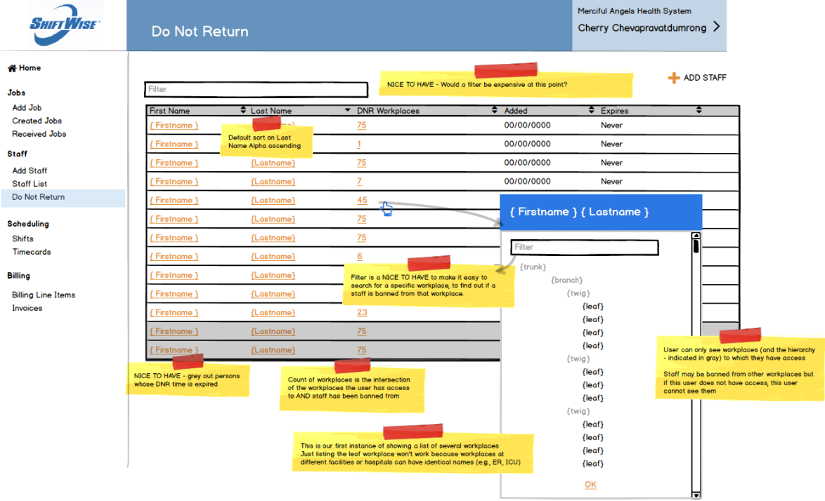 wireframe of Do Not Return list